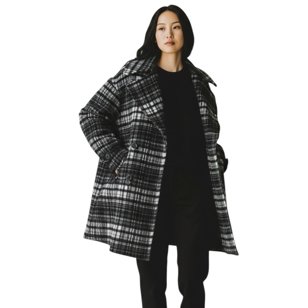 Free People Wool Plaid Oversized Peacoat Jacket Gray Black Womens Large NEW